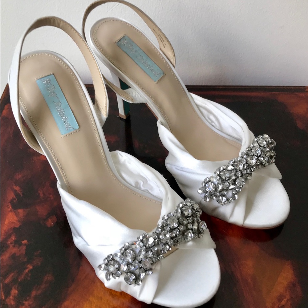 Betsey Johnson White Satin Rhinestone Heels 9